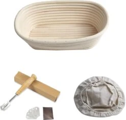 ML Kitchen Rijsmandje Ovaal - Inclusief Deegmesje En Deegkleed - Rijsmand Banneton - Zuurdesem - 25x14 Cm