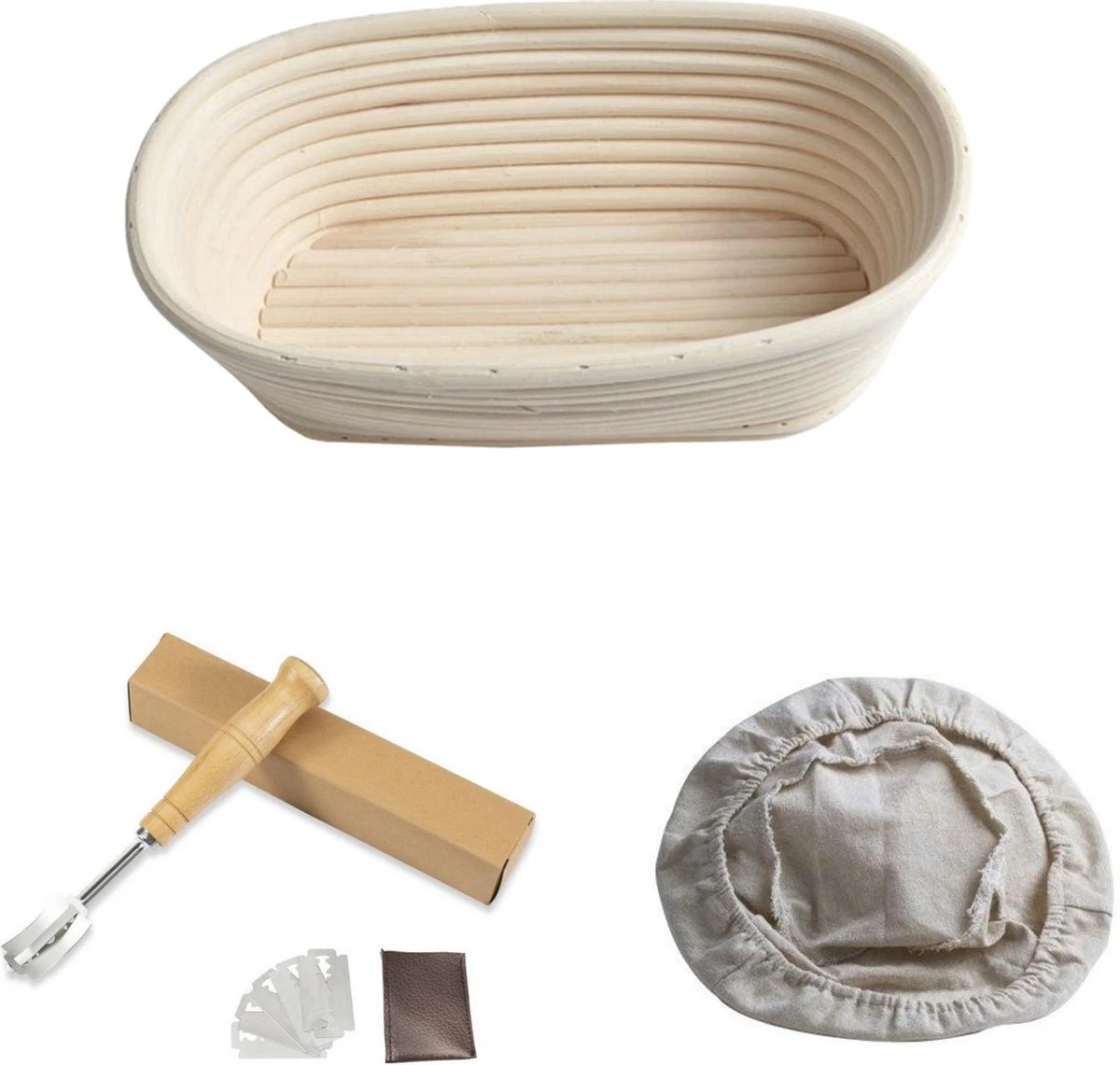 ML Kitchen Rijsmandje Ovaal - Inclusief Deegmesje En Deegkleed - Rijsmand Banneton - Zuurdesem - 25x14 Cm 1 ML Kitchen Rijsmandje Ovaal - Inclusief Deegmesje En Deegkleed - Rijsmand Banneton - Zuurdesem - 25x14 Cm