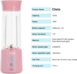 Draagbare Blender - Blender To Go - Portable Smoothie Blender - USB Oplaadbaar - 500 Ml - Roze - Mini Smoothie Maker - USB Oplaadbaar - Fresh Juice Maker - Portable Blender - Roze - Recepten Inbegrepen 17 Draagbare Blender - Blender To Go - Portable Smoothie Blender - USB Oplaadbaar - 500 Ml - Roze - Mini Smoothie Maker - USB Oplaadbaar - Fresh Juice Maker - Portable Blender - Roze - Recepten Inbegrepen -Merkloos Winkel 1200x1150 25