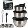 W&Z® Mengkommen Met Deksel - Beslagkom RVS - Siliconen Bodem - 12-delig - Stapelbare Saladekommen - Luchtdichte Deksels - Verstelbare Raspen - Mengkom RVS Met Maataanduiding - Spatel - Garde