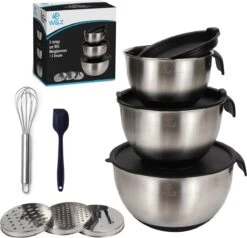 W&Z® Mengkommen Met Deksel - Beslagkom RVS - Siliconen Bodem - 12-delig - Stapelbare Saladekommen - Luchtdichte Deksels - Verstelbare Raspen - Mengkom RVS Met Maataanduiding - Spatel - Garde