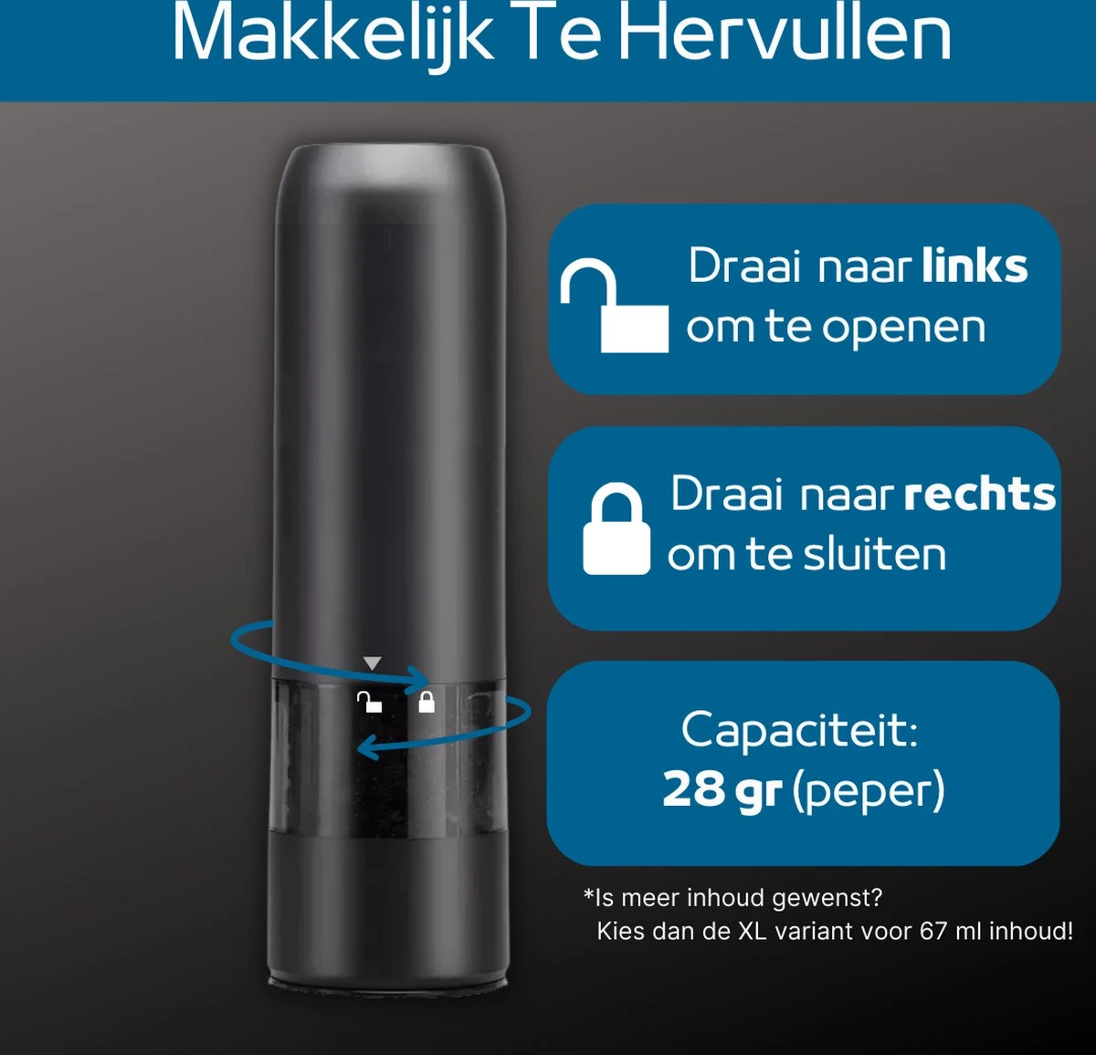 GOV Elektrische Peper- En Zoutmolen Set Zwart Oplaadbaar - Pepermolen - Kruidenmolen 4 GOV Elektrische Peper- En Zoutmolen Set Zwart Oplaadbaar - Pepermolen - Kruidenmolen - Afbeelding 4