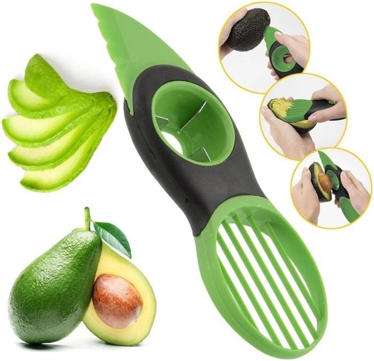 Merkloos Avocadosnijder - 3-in-1 Avocado Snijder En Ontpitter - Eenvoudige Avocado Tool - Groen & Zwart Avocado Mes 1 Merkloos Avocadosnijder - 3-in-1 Avocado Snijder En Ontpitter - Eenvoudige Avocado Tool - Groen & Zwart Avocado Mes