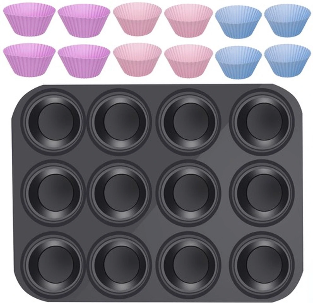 Bakplaat & Muffinvormen - Teflon Plaat - 12 Siliconen Cupcake Vormen - Herbruikbaar - Anti Aanbak Laag - Rheme 1 Bakplaat & Muffinvormen - Teflon Plaat - 12 Siliconen Cupcake Vormen - Herbruikbaar - Anti Aanbak Laag - Rheme