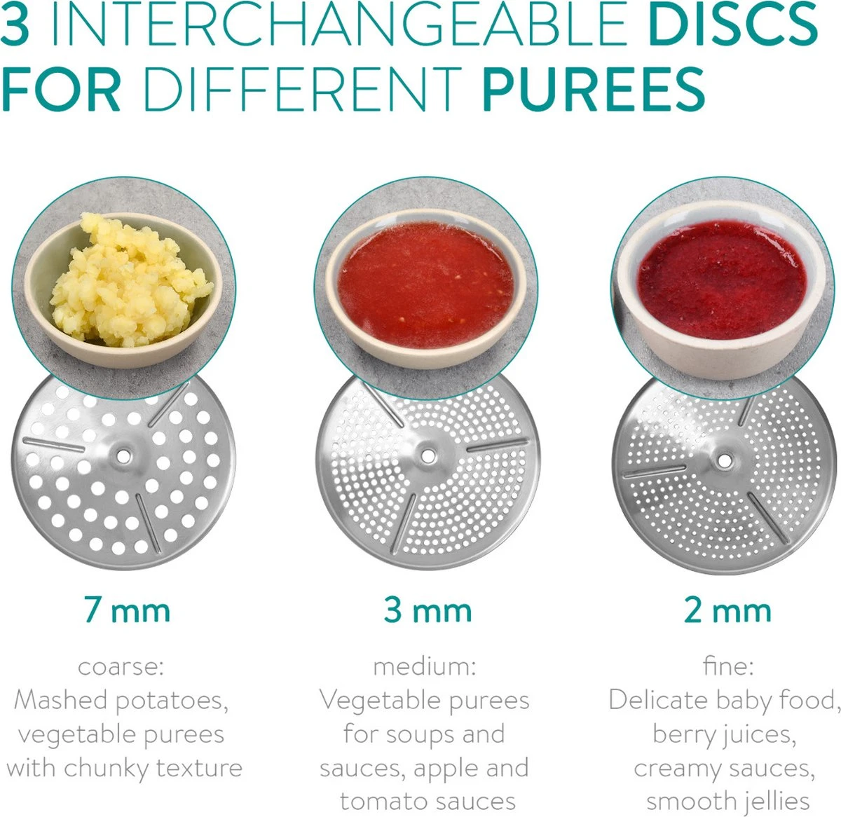 Navaris Roestvrijstalen Passeerzeef Met 3 Zeefinzetten - Roerzeef Voor Soepen, Jam, Smoothies, Babyvoeding En Sauzen - Passe-vite Met 3 Schijven 2 Navaris Roestvrijstalen Passeerzeef Met 3 Zeefinzetten - Roerzeef Voor Soepen, Jam, Smoothies, Babyvoeding En Sauzen - Passe-vite Met 3 Schijven - Afbeelding 2