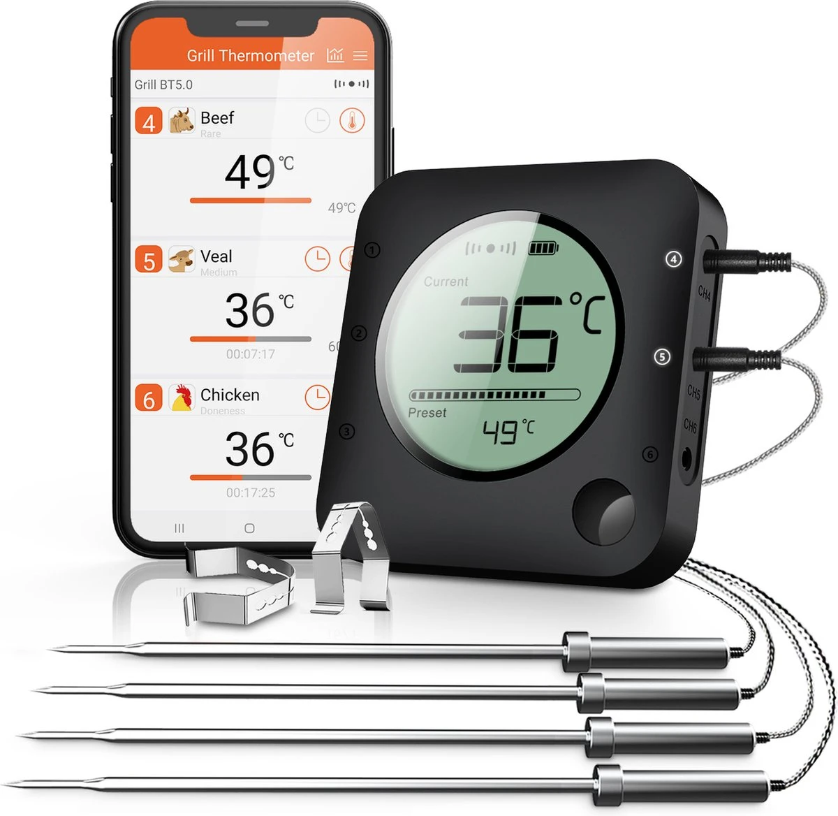 Claire BF-5 BBQ Thermometer - Vleesthermometer - Oventhermometer - Draadloos Met App - Incl. Batterijen En 4 Meetsondes 1 Claire BF-5 BBQ Thermometer - Vleesthermometer - Oventhermometer - Draadloos Met App - Incl. Batterijen En 4 Meetsondes