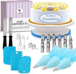 Spuitmondjes Set - Luxe Cake Decoratie Met Taart Draaiplatau Inc. 20 Spuitmondjes En Opzetstukjes - RVS - Bloemen - 3 Herbruikbare Siliconen Spuitzakken - 3 Fondant Schrapers - 2 Spatula's - Swilix
