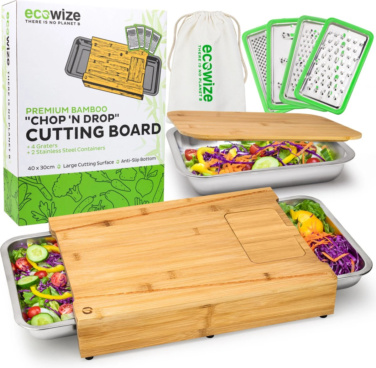 Ecowize 3-in-1 Bamboe Snijplank Met Opvangbak - Snijplank Hout Incl. 3 Roestvrijstalen Opvangbakjes Met Bamboe Deksel, 4 Inzetbare Raspen - Groentesnijder, Hakblok, Borrelplank, Tapasplank, Broodplank - 40x30cm - Duurzaam Cadeau 1 Ecowize 3-in-1 Bamboe Snijplank Met Opvangbak - Snijplank Hout Incl. 3 Roestvrijstalen Opvangbakjes Met Bamboe Deksel, 4 Inzetbare Raspen - Groentesnijder, Hakblok, Borrelplank, Tapasplank, Broodplank - 40x30cm - Duurzaam Cadeau