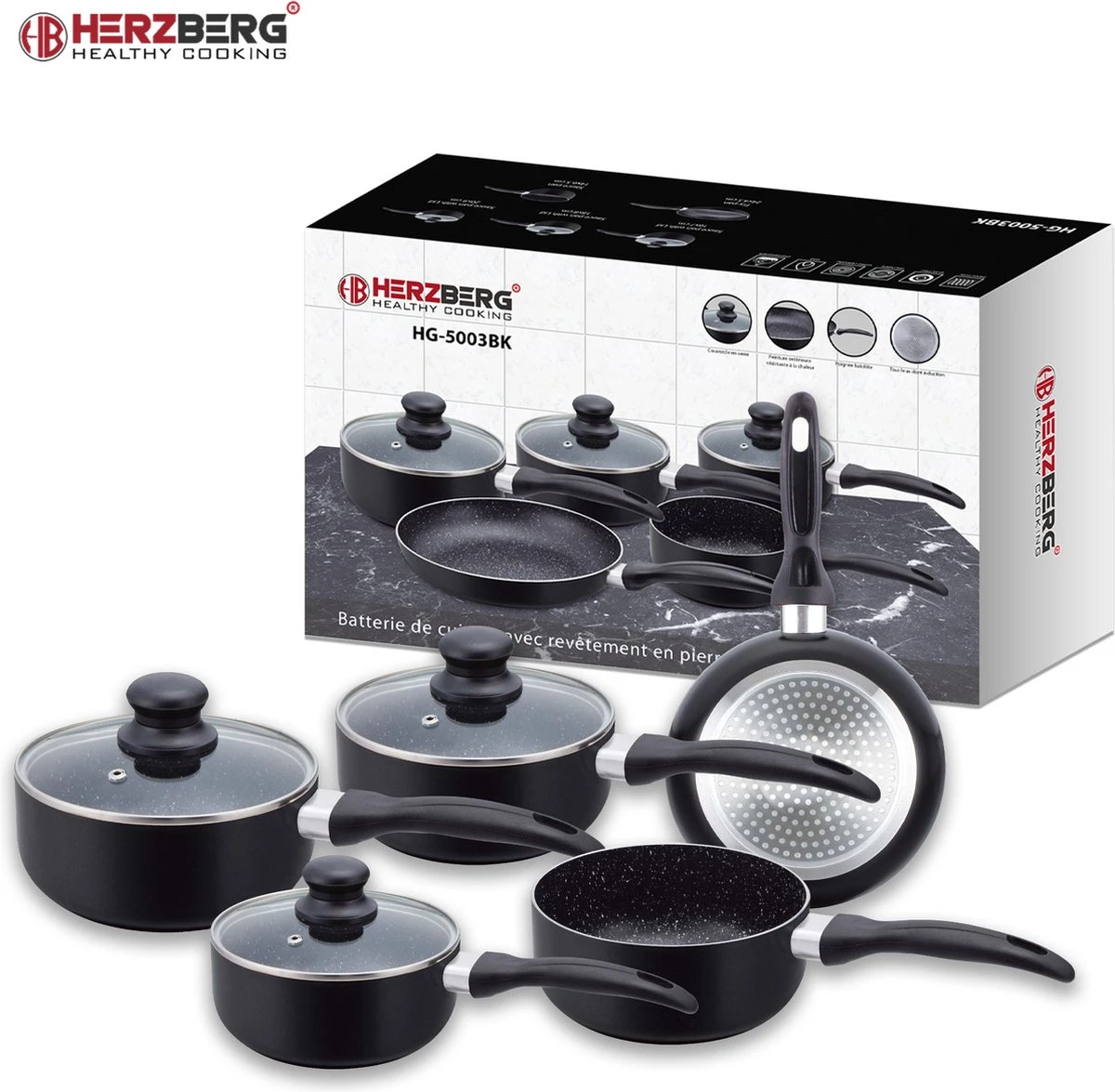 Herzberg HG-5003BK: 8 Pieces Marble Cookware Set - Black 3 Herzberg HG-5003BK: 8 Pieces Marble Cookware Set - Black - Afbeelding 3