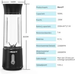 Blend !T Draagbare Mini Blender To Go - Portable Smoothie Maker - Draadloos - USB-oplaadbaar - 500 ML - Zwart -Merkloos Winkel 1200x1179 25