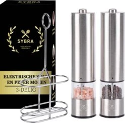 Sybra Peper En Zoutmolen Elektrisch – Peper En Zoutmolen Set Elektrisch – Pepermolen En Zoutmolen – Hoogwaardig RVS – Inclusief Houder