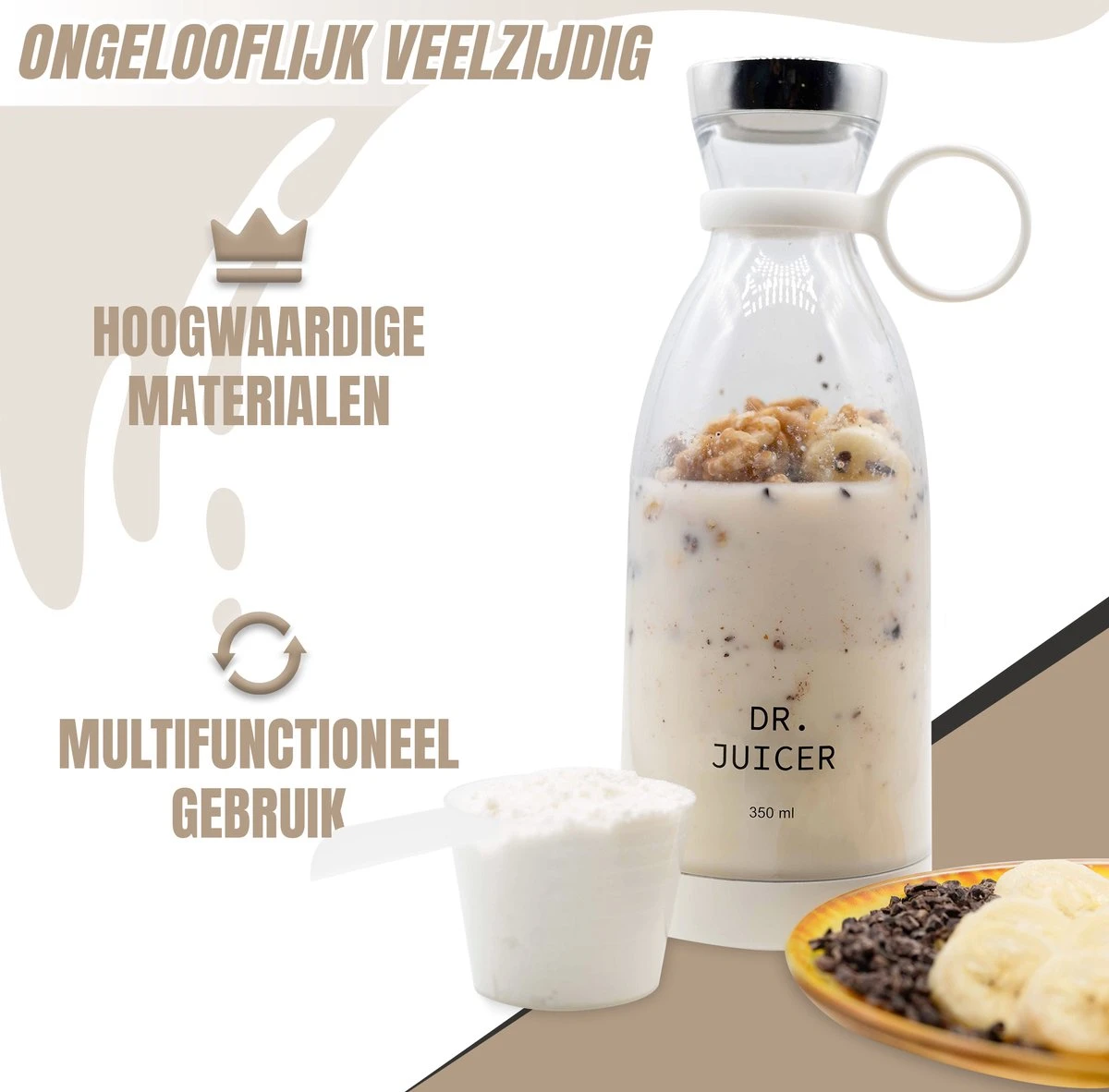 Dr.Juicer - Mini Blender – Smoothie Maker – Draagbaar – Draadloos En USB-oplaadbaar – 350 Ml – Wit 4 Dr.Juicer - Mini Blender – Smoothie Maker – Draagbaar – Draadloos En USB-oplaadbaar – 350 Ml – Wit - Afbeelding 4