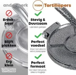 YUGN Tortilla Pers Roti Maker Hamburgerpers Inclusief 100 Stuks Bakpapier Vellen – Tortilla Maker Tortillapers Ook Als Wrap Taco En Hamburger Pers - Tortilla Press Veelzijdig En IJzersterk Gietijzer- Inclusief EBook - 19 CM Diameter - Cadeau -Merkloos Winkel 1200x1183 26