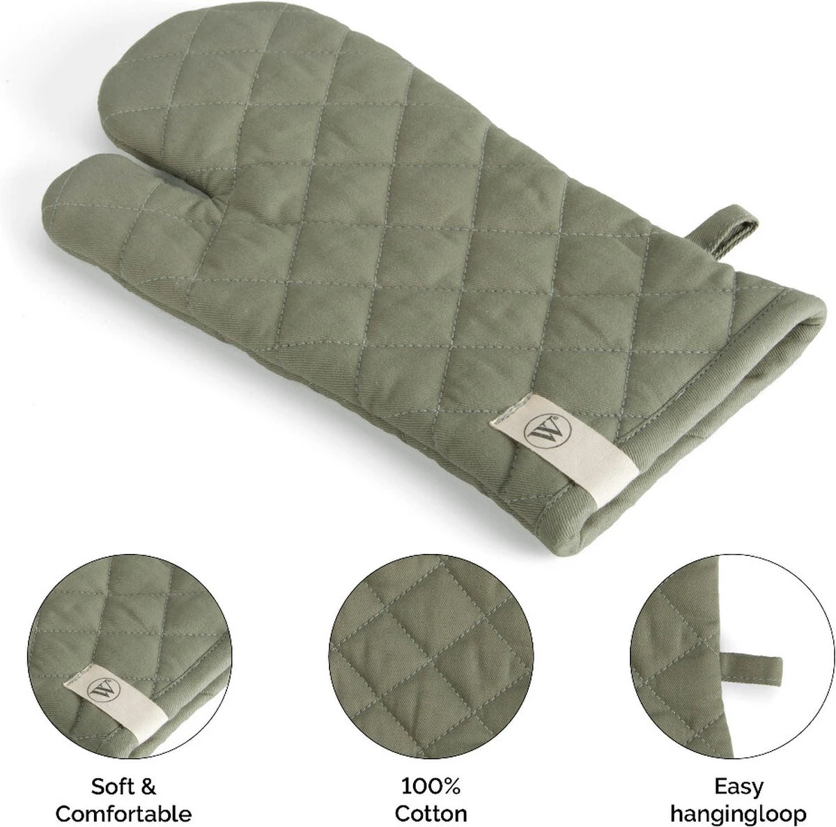 Walra Kookset Cook With A Smile - Set Van 2 Pannenlappen En 1 Ovenwant - 100% Katoen - Legergroen 2 Walra Kookset Cook With A Smile - Set Van 2 Pannenlappen En 1 Ovenwant - 100% Katoen - Legergroen - Afbeelding 2