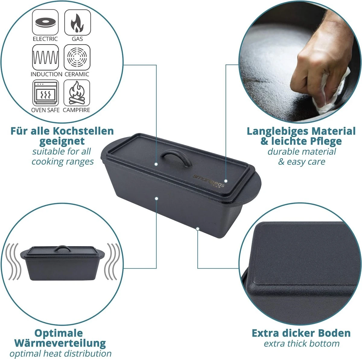 Cast Iron Bread Pan With Lid - Dutch Oven Box Pan Square - Cast Iron Baking Pan Rectangular +Oven Gloves 6 Cast Iron Bread Pan With Lid - Dutch Oven Box Pan Square - Cast Iron Baking Pan Rectangular +Oven Gloves - Afbeelding 6