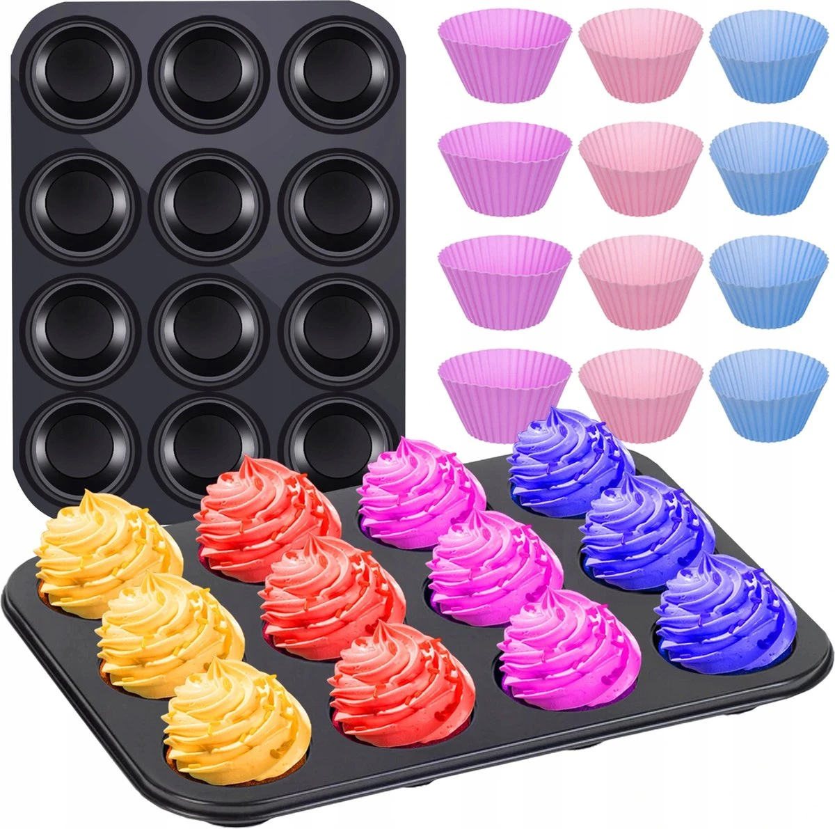 Bakplaat & Muffinvormen - Teflon Plaat - 12 Siliconen Cupcake Vormen - Herbruikbaar - Anti Aanbak Laag - Rheme 3 Bakplaat & Muffinvormen - Teflon Plaat - 12 Siliconen Cupcake Vormen - Herbruikbaar - Anti Aanbak Laag - Rheme - Afbeelding 3