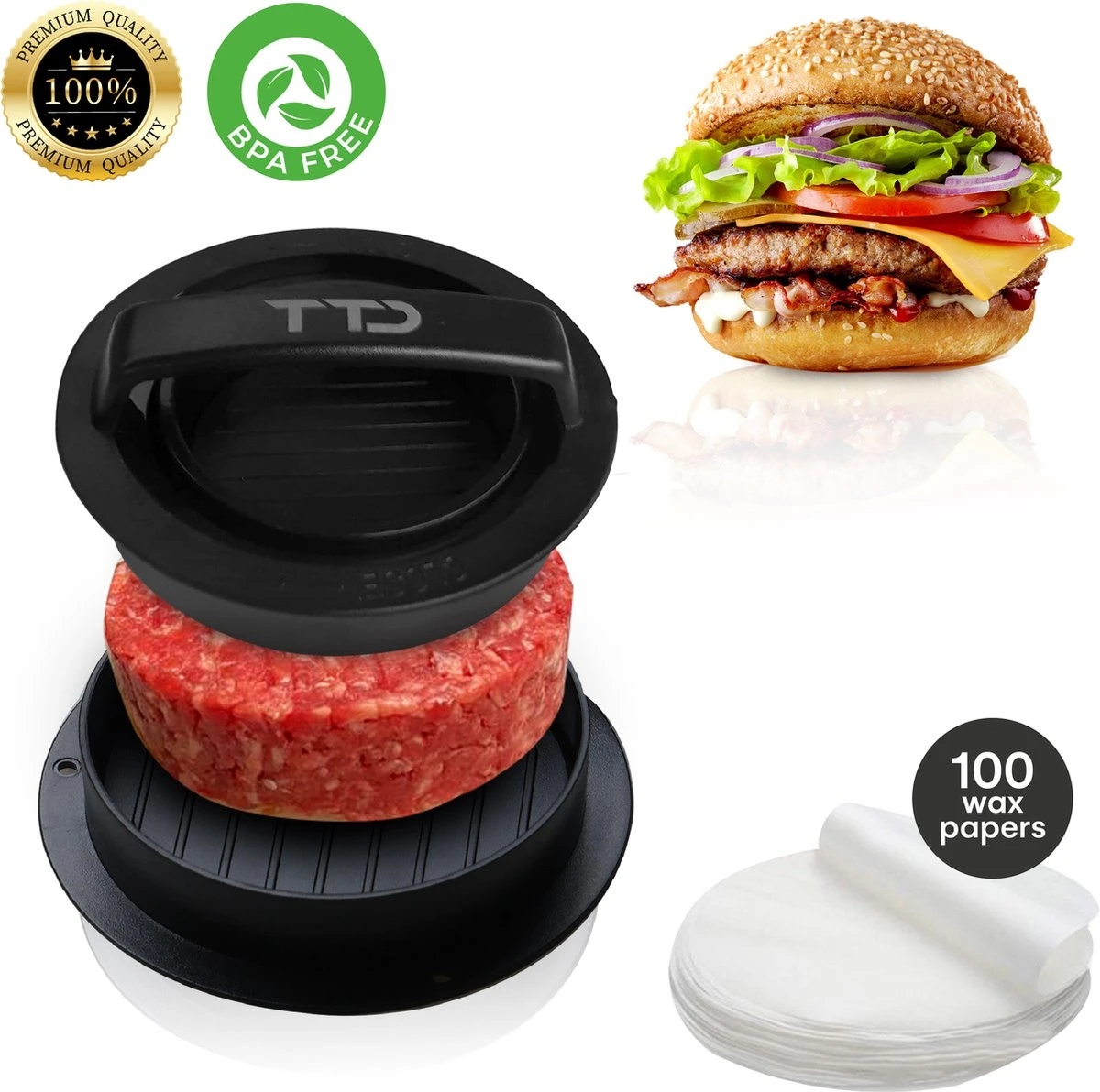 TTD Hamburgerpers En Hamburgermaker - Gehaktvorm Voor Hamburgers - Ook Voor Miniburgers En Gevulde Burgers - Vaatwasserbestendig - BPA Vrij - Inclusief 100 Waxpapiertjes - Zwart 1 TTD Hamburgerpers En Hamburgermaker - Gehaktvorm Voor Hamburgers - Ook Voor Miniburgers En Gevulde Burgers - Vaatwasserbestendig - BPA Vrij - Inclusief 100 Waxpapiertjes - Zwart