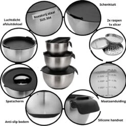 W&Z® Mengkommen Met Deksel - Beslagkom RVS - Siliconen Bodem - 12-delig - Stapelbare Saladekommen - Luchtdichte Deksels - Verstelbare Raspen - Mengkom RVS Met Maataanduiding - Spatel - Garde -Merkloos Winkel 1200x1195 39