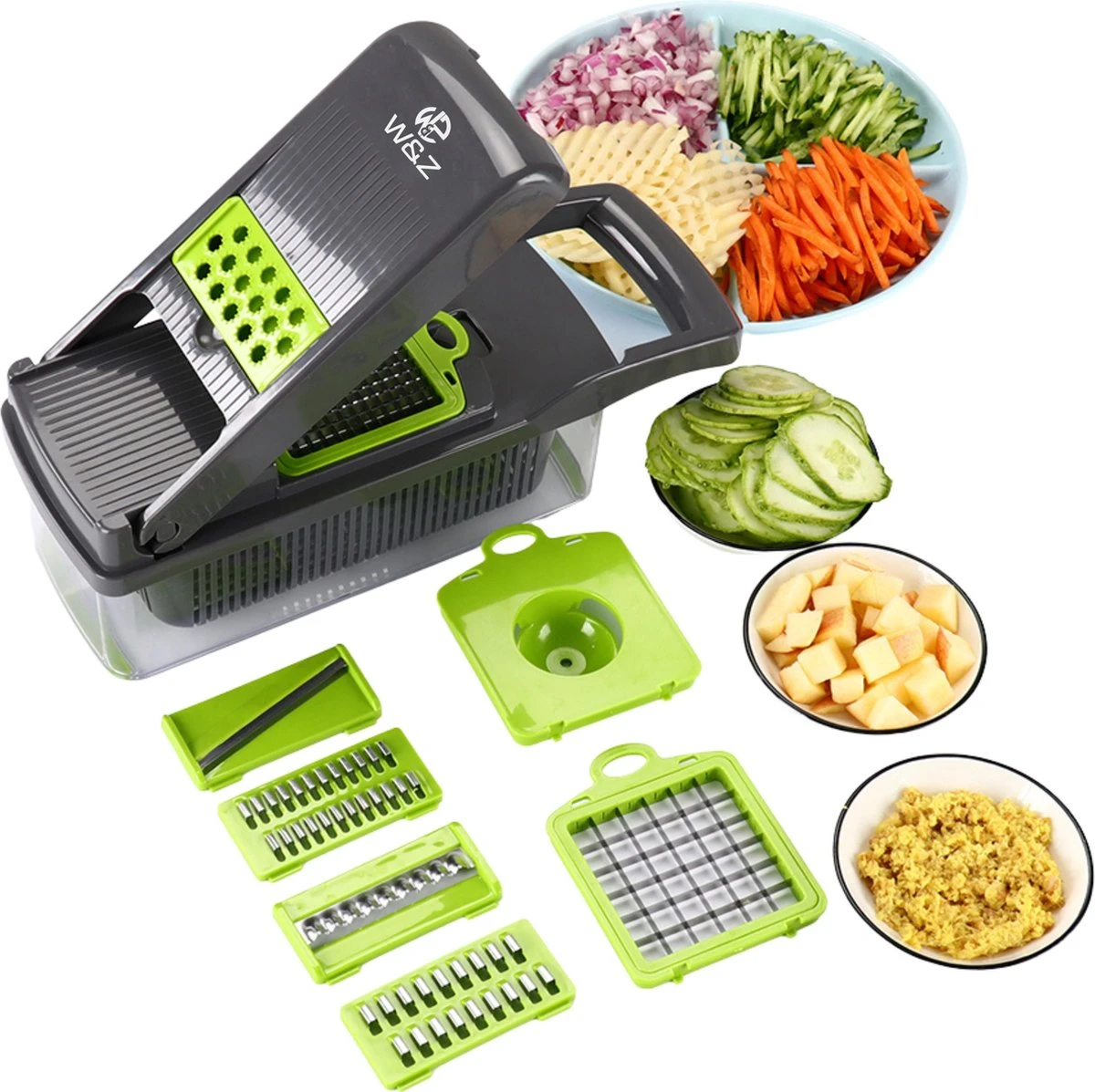 W&Z® Multifunctionele Groentesnijder - Mandoline -Fritessnijder - Keukensnijder - Groentehakker - 16 Delig 2 W&Z® Multifunctionele Groentesnijder - Mandoline -Fritessnijder - Keukensnijder - Groentehakker - 16 Delig - Afbeelding 2