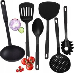 Merkloos Keukengerei Set - 6 Delig - Zwart - Kunststof - 31 Cm - Spatel - Soeplepel - Pollepel - Sauslepel - Schuimspaan - Pastalepel - Krasvrij - Keuken Accessoires - Uitzet Cadeau - Kookgerei