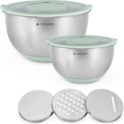Navaris Roestvrijstalen Kommen Met Deksel - Set Van 2 Mengkommen Met Deksels En 3 Raspen - 1,4L En 4,7L Slakommen Met 3 Soorten Raspen - In Mintgroen
