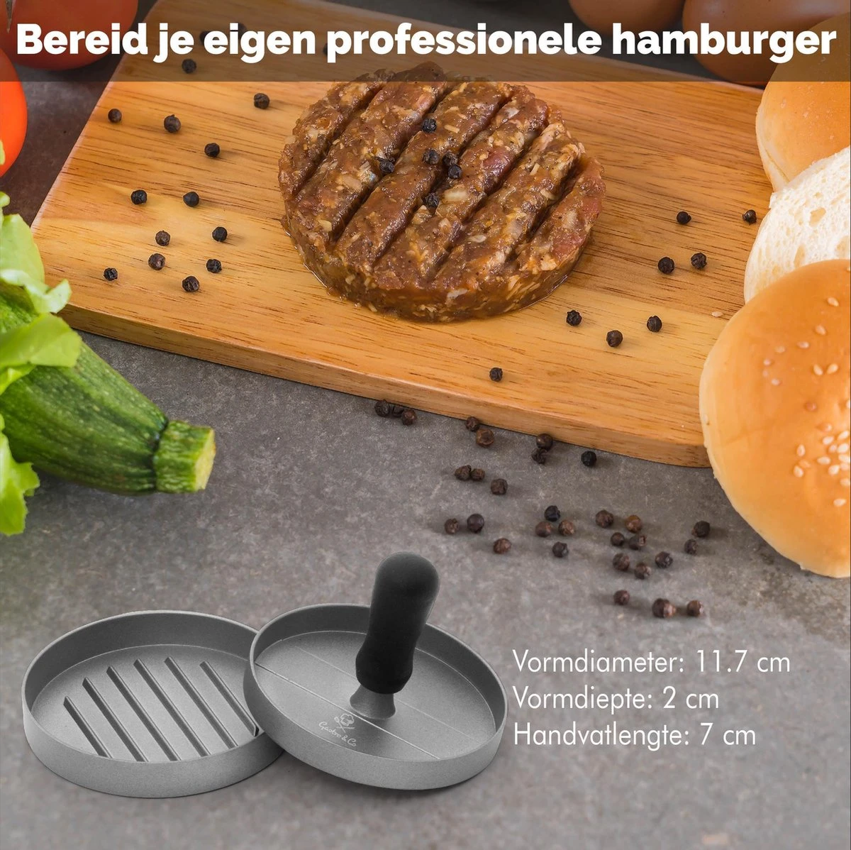 Gastro & Co Hamburgerpers - Inclusief 50 Waxpapiertje - Roestvrij Stalen Hamburger Pers Met Non-stick Zinken Coating Antiaanbaklaag - 11,7 Cm Diameter 6 Gastro & Co Hamburgerpers - Inclusief 50 Waxpapiertje - Roestvrij Stalen Hamburger Pers Met Non-stick Zinken Coating Antiaanbaklaag - 11,7 Cm Diameter - Afbeelding 6