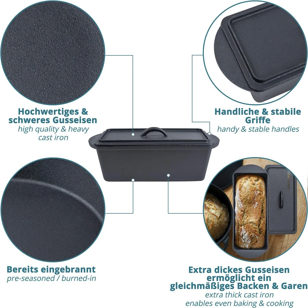 Cast Iron Bread Pan With Lid - Dutch Oven Box Pan Square - Cast Iron Baking Pan Rectangular +Oven Gloves 4 Cast Iron Bread Pan With Lid - Dutch Oven Box Pan Square - Cast Iron Baking Pan Rectangular +Oven Gloves - Afbeelding 4