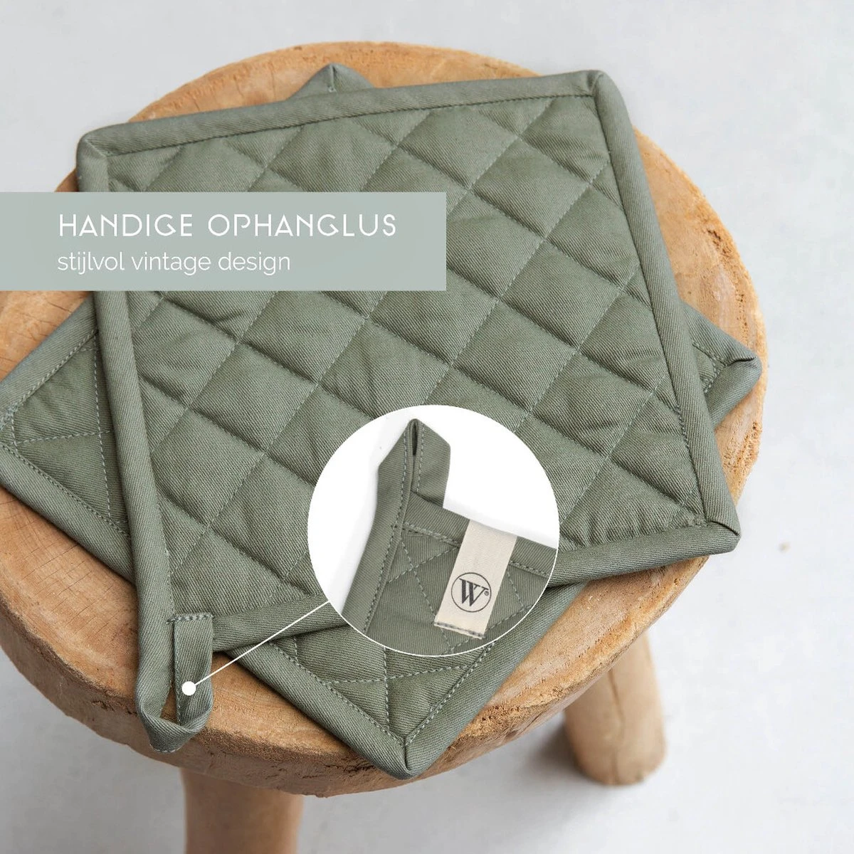 Walra Kookset Cook With A Smile - Set Van 2 Pannenlappen En 1 Ovenwant - 100% Katoen - Legergroen 3 Walra Kookset Cook With A Smile - Set Van 2 Pannenlappen En 1 Ovenwant - 100% Katoen - Legergroen - Afbeelding 3