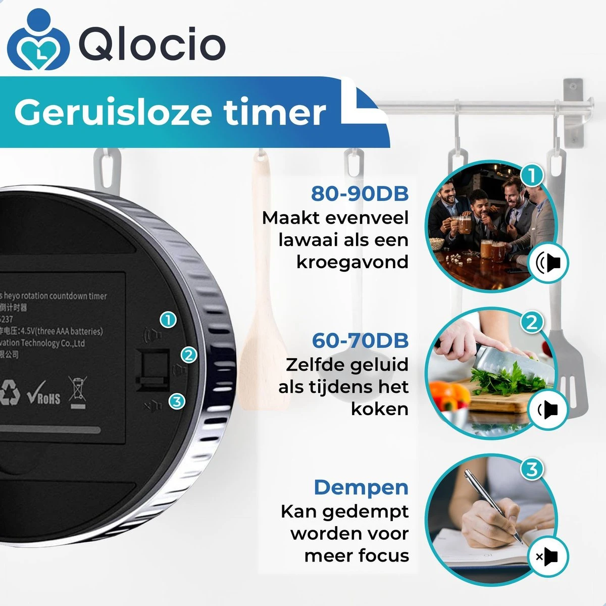 Qlocio Digitale Kookwekker Klok - Keukenwekker - Magnetisch - Zwart 3 Qlocio Digitale Kookwekker Klok - Keukenwekker - Magnetisch - Zwart - Afbeelding 3