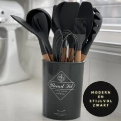 Keukengerei Set - Keukengerei Houder - Keukengerei Set Met Houder - 12 Delig - Antraciet Zwart - Houten Steel - Siliconen - Kerstcadeau - Fienosa -Merkloos Winkel 1200x1200 2108