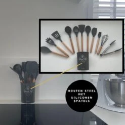 Keukengerei Set - Keukengerei Houder - Keukengerei Set Met Houder - 12 Delig - Antraciet Zwart - Houten Steel - Siliconen - Kerstcadeau - Fienosa -Merkloos Winkel 1200x1200 2109