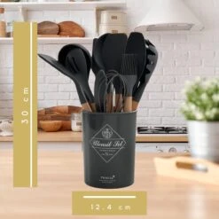 Keukengerei Set - Keukengerei Houder - Keukengerei Set Met Houder - 12 Delig - Antraciet Zwart - Houten Steel - Siliconen - Kerstcadeau - Fienosa -Merkloos Winkel 1200x1200 2110