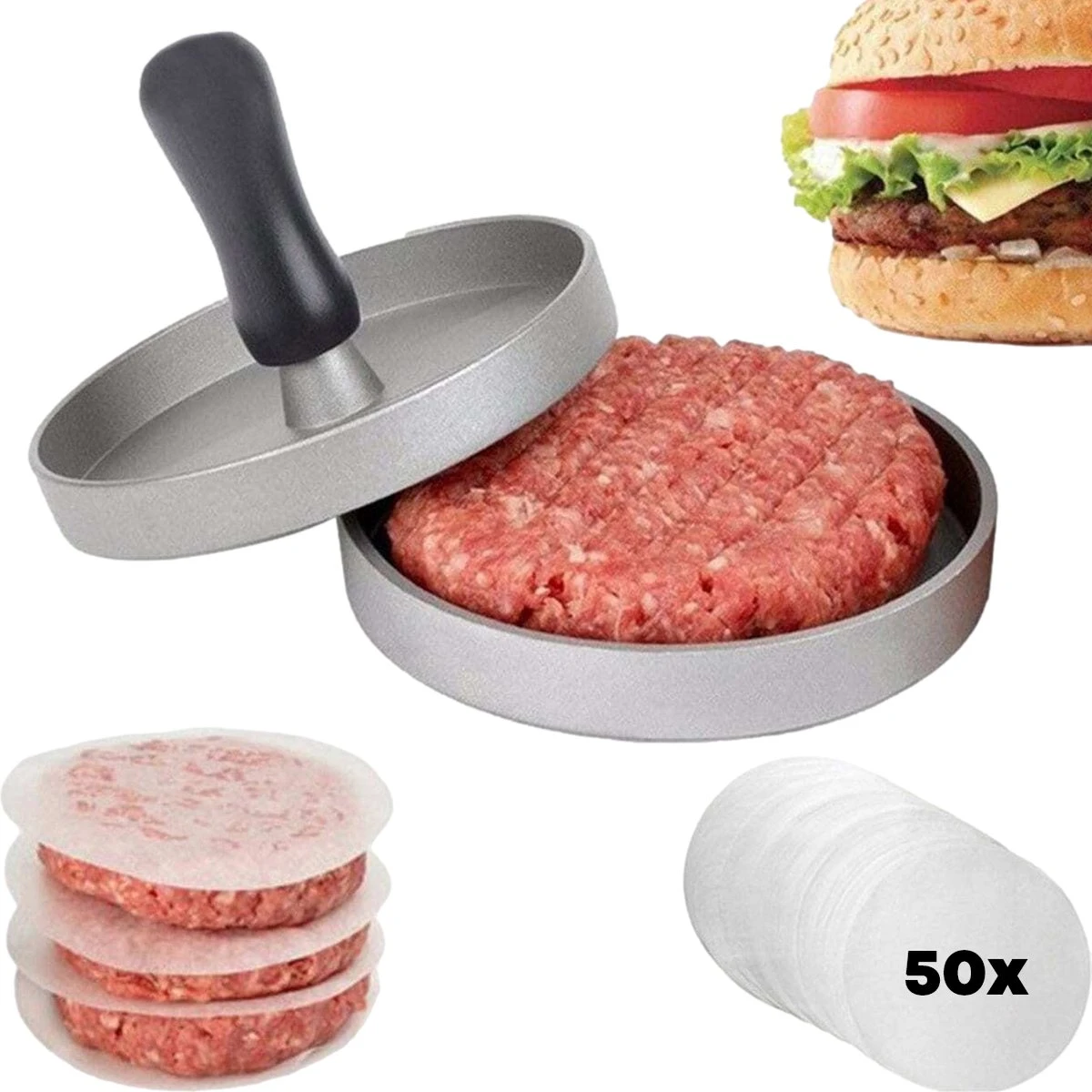 YUGN Hamburgerpers - Anti Aanbaklaag - RVS - BBQ Accessoires - Inclusief 50 Waxpapiertjes - Cadeau Tip 1 YUGN Hamburgerpers - Anti Aanbaklaag - RVS - BBQ Accessoires - Inclusief 50 Waxpapiertjes - Cadeau Tip