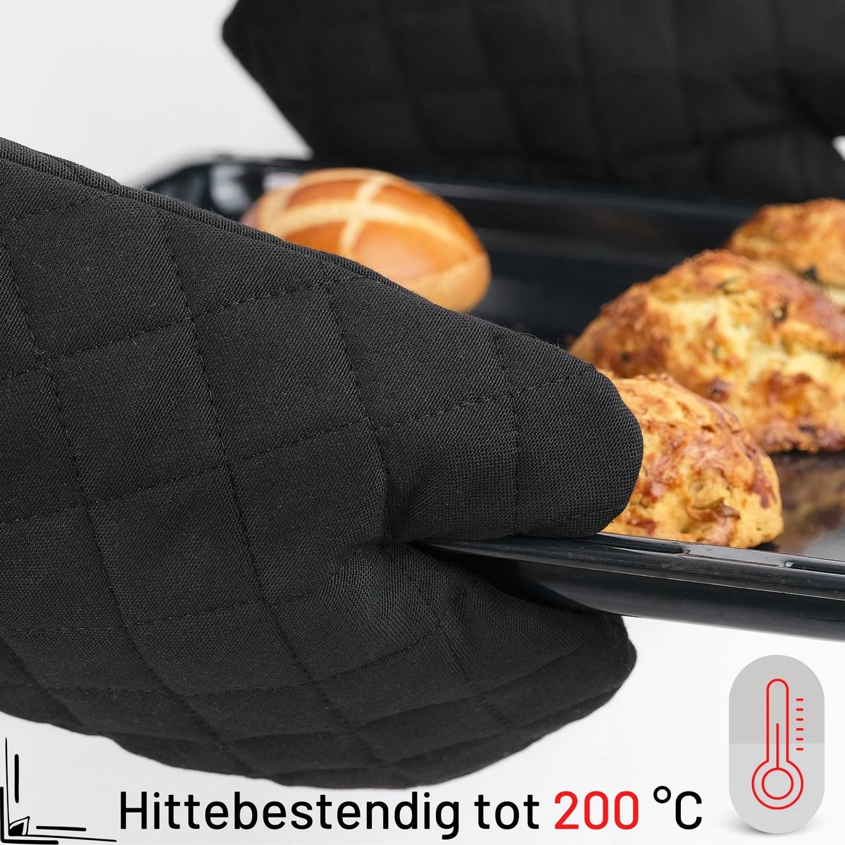 TAVAS Mooi Zwart Ovenwanten 2 Stuks Hittebestendige Ovenhandschoen Katoen, Thermolite Tot 220°C 2 TAVAS Mooi Zwart Ovenwanten 2 Stuks Hittebestendige Ovenhandschoen Katoen, Thermolite Tot 220°C - Afbeelding 2