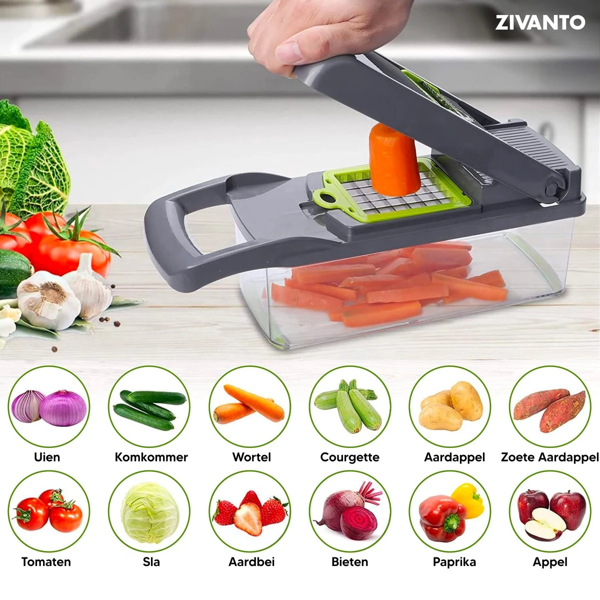 Groentesnijder - Mandoline, Keukensnijder & Uiensnijder - Multifunctioneel Groente Snijder - Spiraalsnijder - Frietsnijder - Rasp - BPA Vrij & Anti-slip - Inclusief Handleiding - 15 Delig Van Zivanto 8 Groentesnijder - Mandoline, Keukensnijder & Uiensnijder - Multifunctioneel Groente Snijder - Spiraalsnijder - Frietsnijder - Rasp - BPA Vrij & Anti-slip - Inclusief Handleiding - 15 Delig Van Zivanto - Afbeelding 8