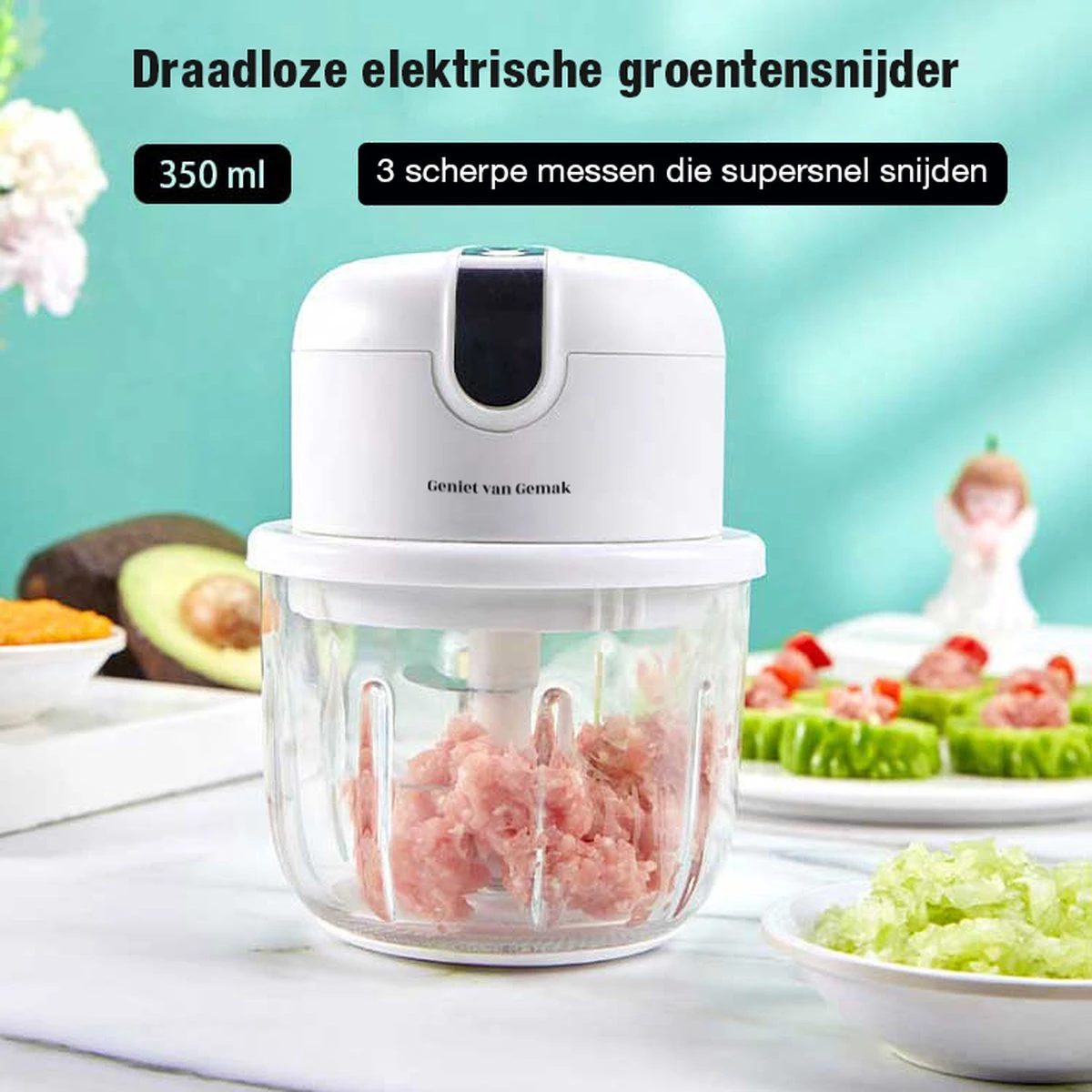 Geniet Van Gemak® | Elektrische Uiensnijder | Voor Al Je Groenten, Kruiden Of Knoflook | Oplaadbaar | Draadloos | Compact 2 Geniet Van Gemak® | Elektrische Uiensnijder | Voor Al Je Groenten, Kruiden Of Knoflook | Oplaadbaar | Draadloos | Compact - Afbeelding 2