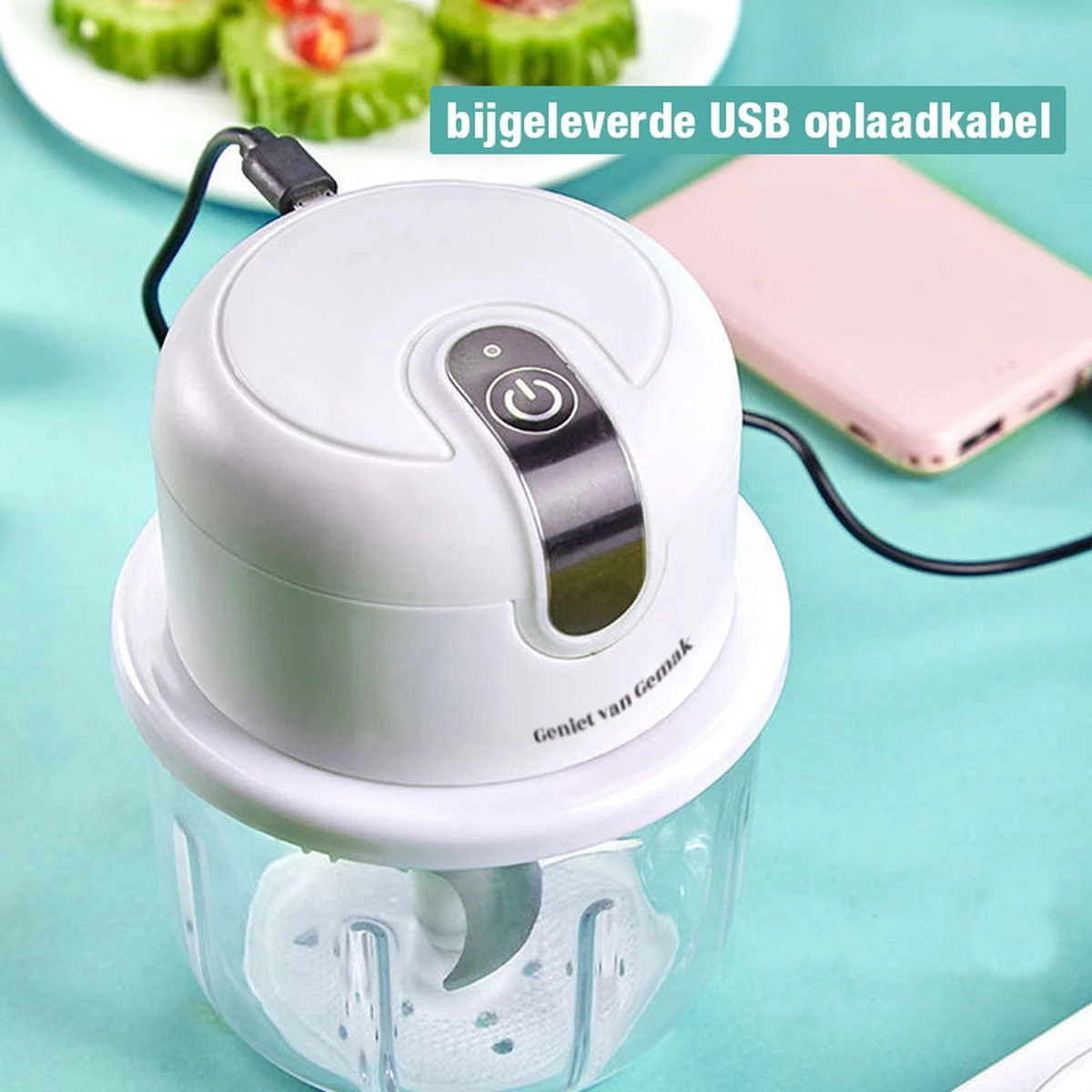 Geniet Van Gemak® | Elektrische Uiensnijder | Voor Al Je Groenten, Kruiden Of Knoflook | Oplaadbaar | Draadloos | Compact 4 Geniet Van Gemak® | Elektrische Uiensnijder | Voor Al Je Groenten, Kruiden Of Knoflook | Oplaadbaar | Draadloos | Compact - Afbeelding 4