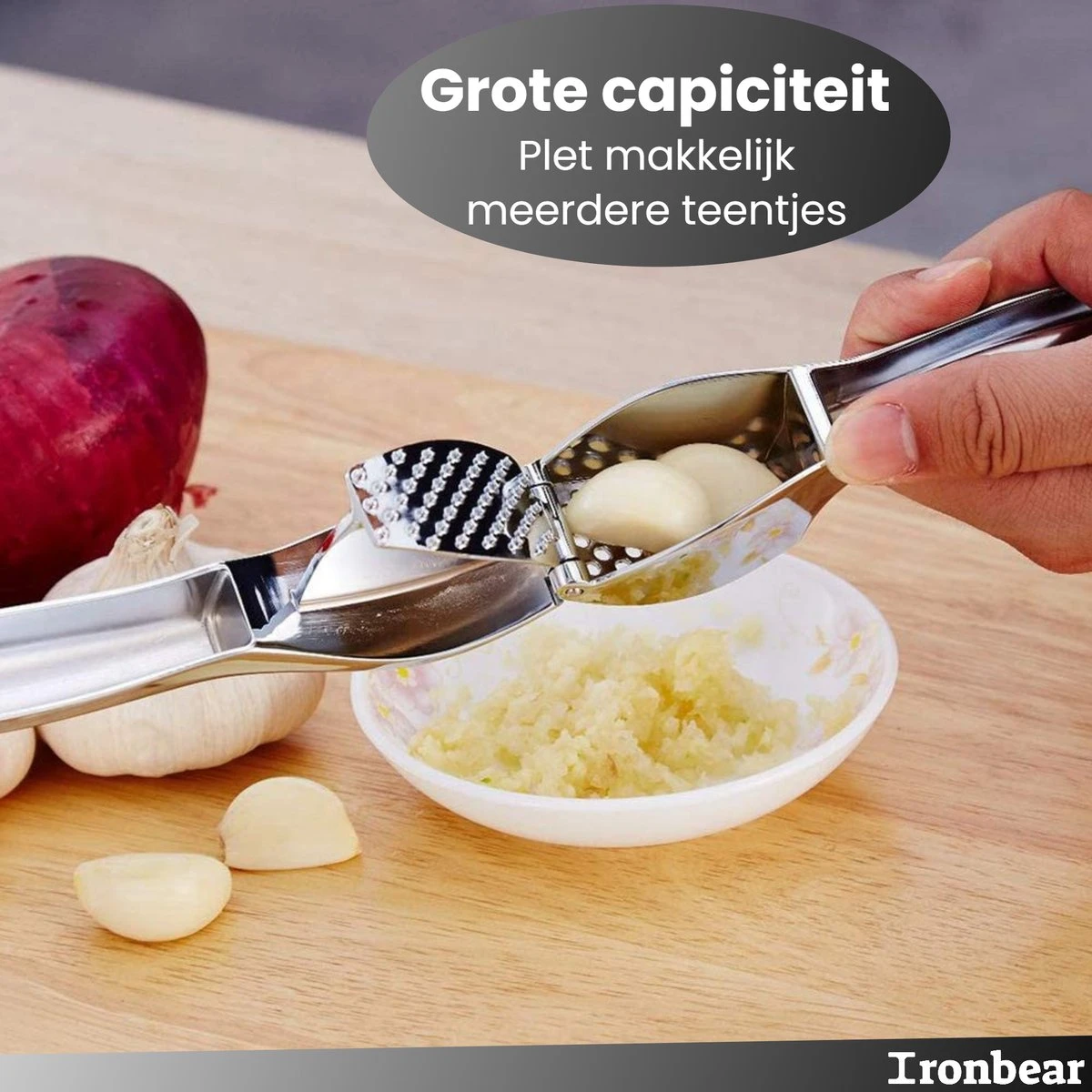 Ironbear® Knoflookpers - Gemberpers - Roestvrij Staal - Handpers - Vaatwasser Bestendig 3 Ironbear® Knoflookpers - Gemberpers - Roestvrij Staal - Handpers - Vaatwasser Bestendig - Afbeelding 3