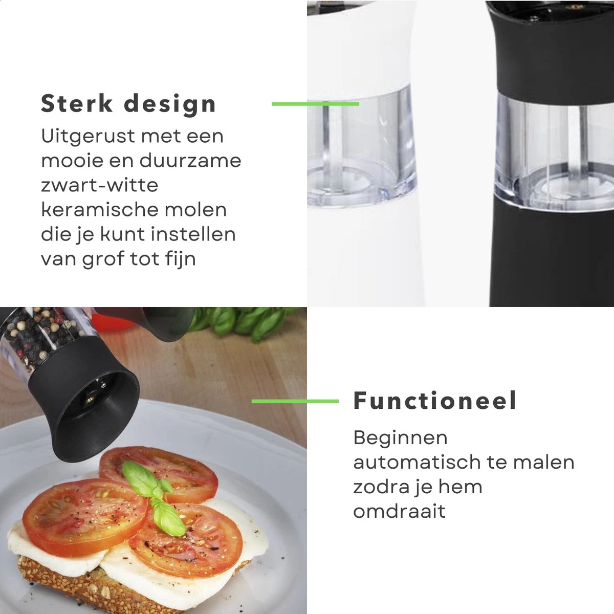 Cheqo® Elektrische Peper & Zoutmolen - Peper En Zoutmolen Set - Elektrisch - Zout Pepermolen Op Batterijen - Instelbare Grofheid - Kruidenmolen - 2 Stuks 2 Cheqo® Elektrische Peper & Zoutmolen - Peper En Zoutmolen Set - Elektrisch - Zout Pepermolen Op Batterijen - Instelbare Grofheid - Kruidenmolen - 2 Stuks - Afbeelding 2