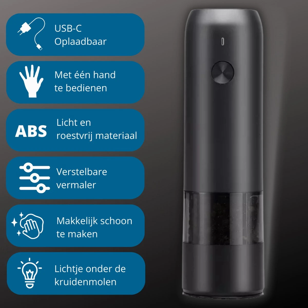 GOV Elektrische Peper- En Zoutmolen Set Zwart Oplaadbaar - Pepermolen - Kruidenmolen 3 GOV Elektrische Peper- En Zoutmolen Set Zwart Oplaadbaar - Pepermolen - Kruidenmolen - Afbeelding 3