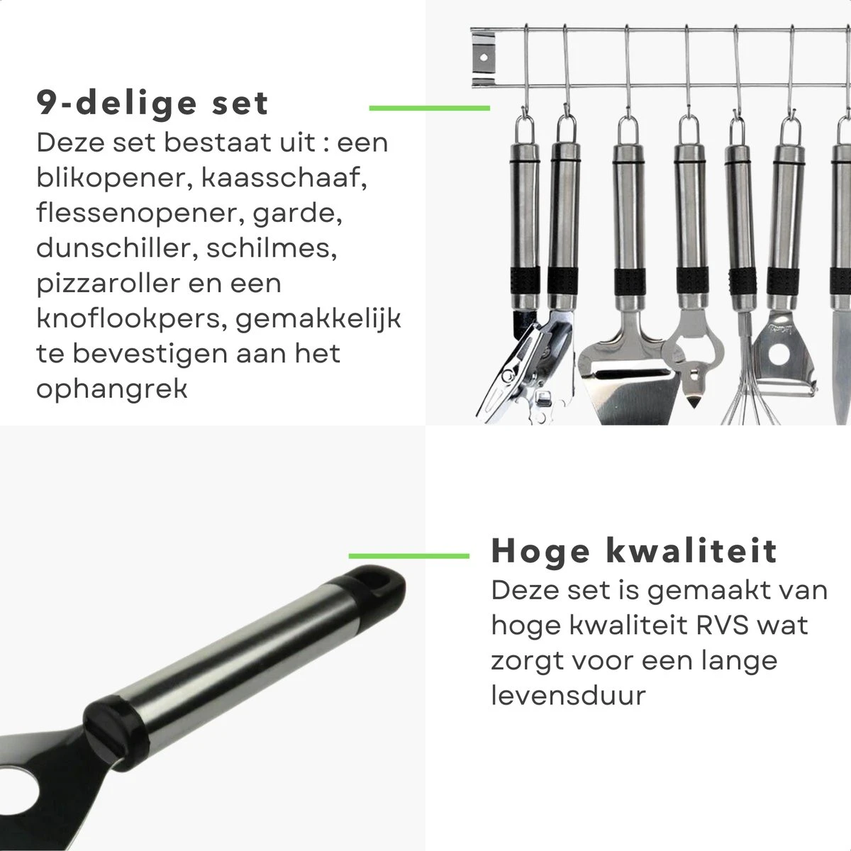 Cheqo® Ophangbare Keukengerei - RVS Keukengerei Met Houder - Keukenset Muurhouder - Ophangrek Met Haken - Met Blikopener - Kaasschaaf - Garde - Flessenopener - Dunschiller - Schilmes - Pizzaroller - Knoflookpers - 9 Delig 3 Cheqo® Ophangbare Keukengerei - RVS Keukengerei Met Houder - Keukenset Muurhouder - Ophangrek Met Haken - Met Blikopener - Kaasschaaf - Garde - Flessenopener - Dunschiller - Schilmes - Pizzaroller - Knoflookpers - 9 Delig - Afbeelding 3