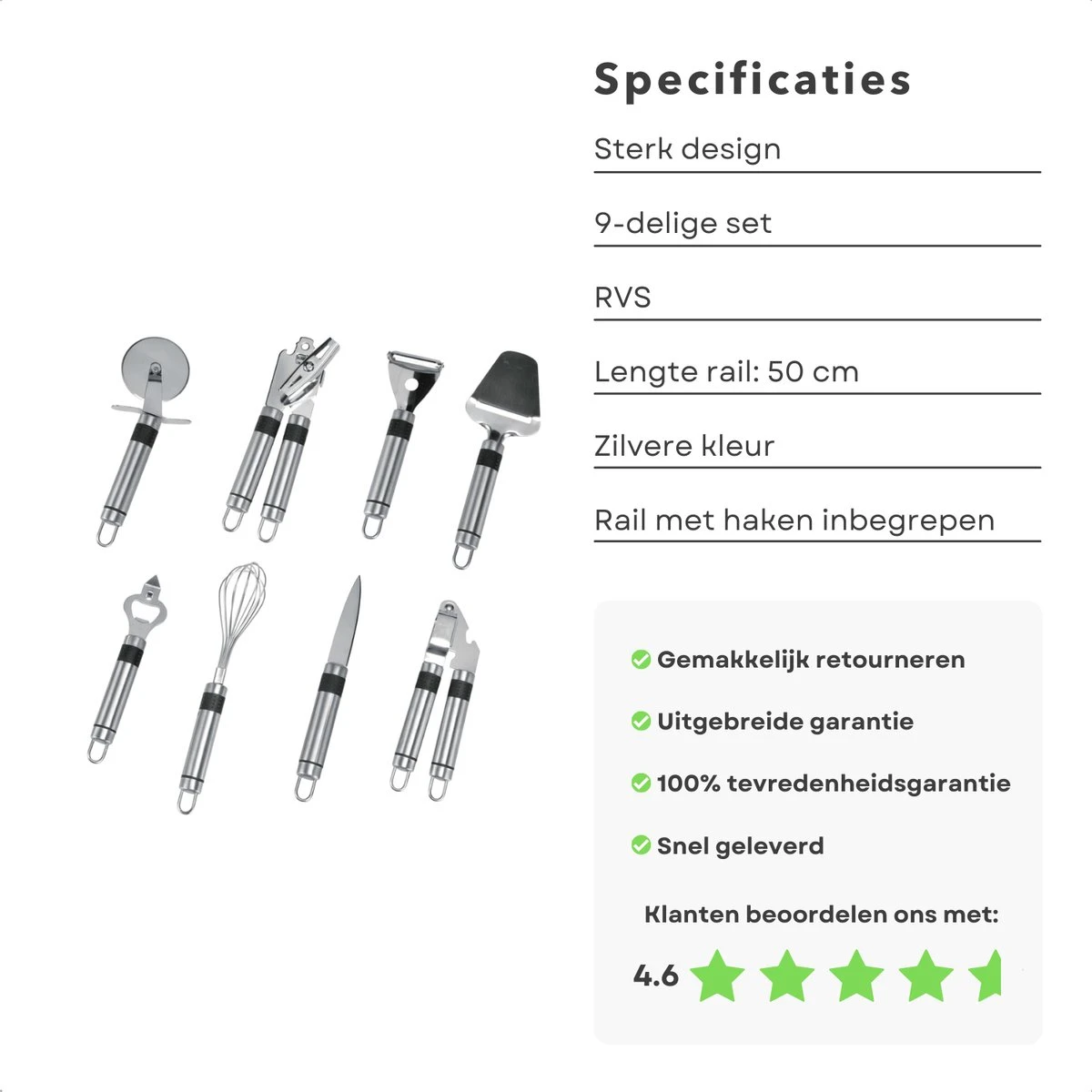 Cheqo® Ophangbare Keukengerei - RVS Keukengerei Met Houder - Keukenset Muurhouder - Ophangrek Met Haken - Met Blikopener - Kaasschaaf - Garde - Flessenopener - Dunschiller - Schilmes - Pizzaroller - Knoflookpers - 9 Delig 4 Cheqo® Ophangbare Keukengerei - RVS Keukengerei Met Houder - Keukenset Muurhouder - Ophangrek Met Haken - Met Blikopener - Kaasschaaf - Garde - Flessenopener - Dunschiller - Schilmes - Pizzaroller - Knoflookpers - 9 Delig - Afbeelding 4