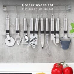 Cheqo® Ophangbare Keukengerei - RVS Keukengerei Met Houder - Keukenset Muurhouder - Ophangrek Met Haken - Met Blikopener - Kaasschaaf - Garde - Flessenopener - Dunschiller - Schilmes - Pizzaroller - Knoflookpers - 9 Delig 9 Cheqo® Ophangbare Keukengerei - RVS Keukengerei Met Houder - Keukenset Muurhouder - Ophangrek Met Haken - Met Blikopener - Kaasschaaf - Garde - Flessenopener - Dunschiller - Schilmes - Pizzaroller - Knoflookpers - 9 Delig -Merkloos Winkel 1200x1200 3220