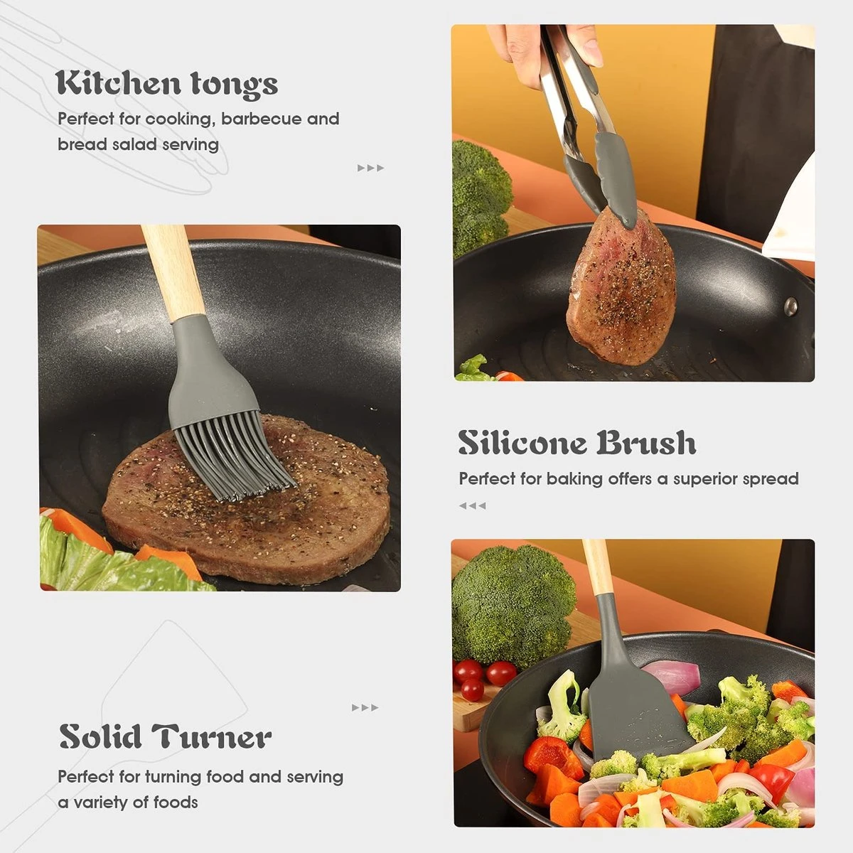 IGOODS - Keukengerei Sets Siliconen - 12-Delig Kookgerei Sets - Siliconen Inclusief Gebruiksvoorwerpen Houders - Antikleef Anti-Kras Kookgerei - Keukengereedschap Met Houten Handvat -Donker Grijs 6 IGOODS - Keukengerei Sets Siliconen - 12-Delig Kookgerei Sets - Siliconen Inclusief Gebruiksvoorwerpen Houders - Antikleef Anti-Kras Kookgerei - Keukengereedschap Met Houten Handvat -Donker Grijs - Afbeelding 6