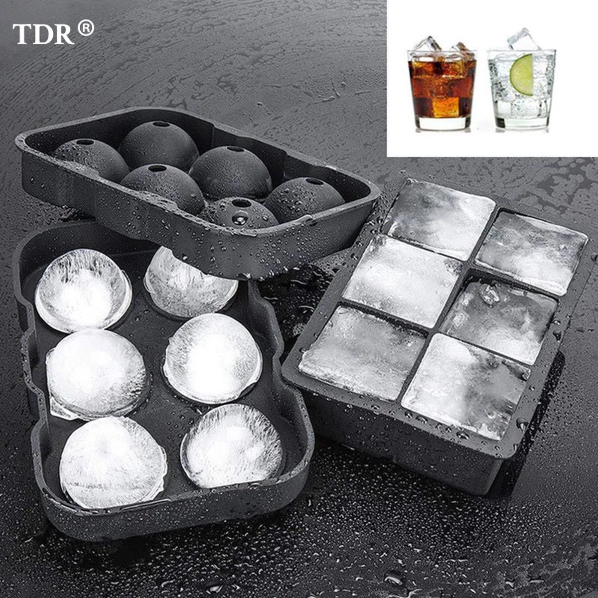 Luxe IJsblokvormen - Set Van 2 - 6 Grote Ronde Ijsballen En 6 Vierkante Ijsblokken - Voedselveilig Siliconen - Zwart 1 Luxe IJsblokvormen - Set Van 2 - 6 Grote Ronde Ijsballen En 6 Vierkante Ijsblokken - Voedselveilig Siliconen - Zwart