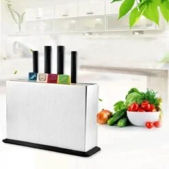 Joseph Joseph Folio Kunststof Snijplanken Set Met 4 Messen En Houder - Kunststof - Vaatwasserbestendig En Opbergkoffer En Gemakkelijk Toegankelijk Vaatwasmachinebestendig Antislip Groot Zilver