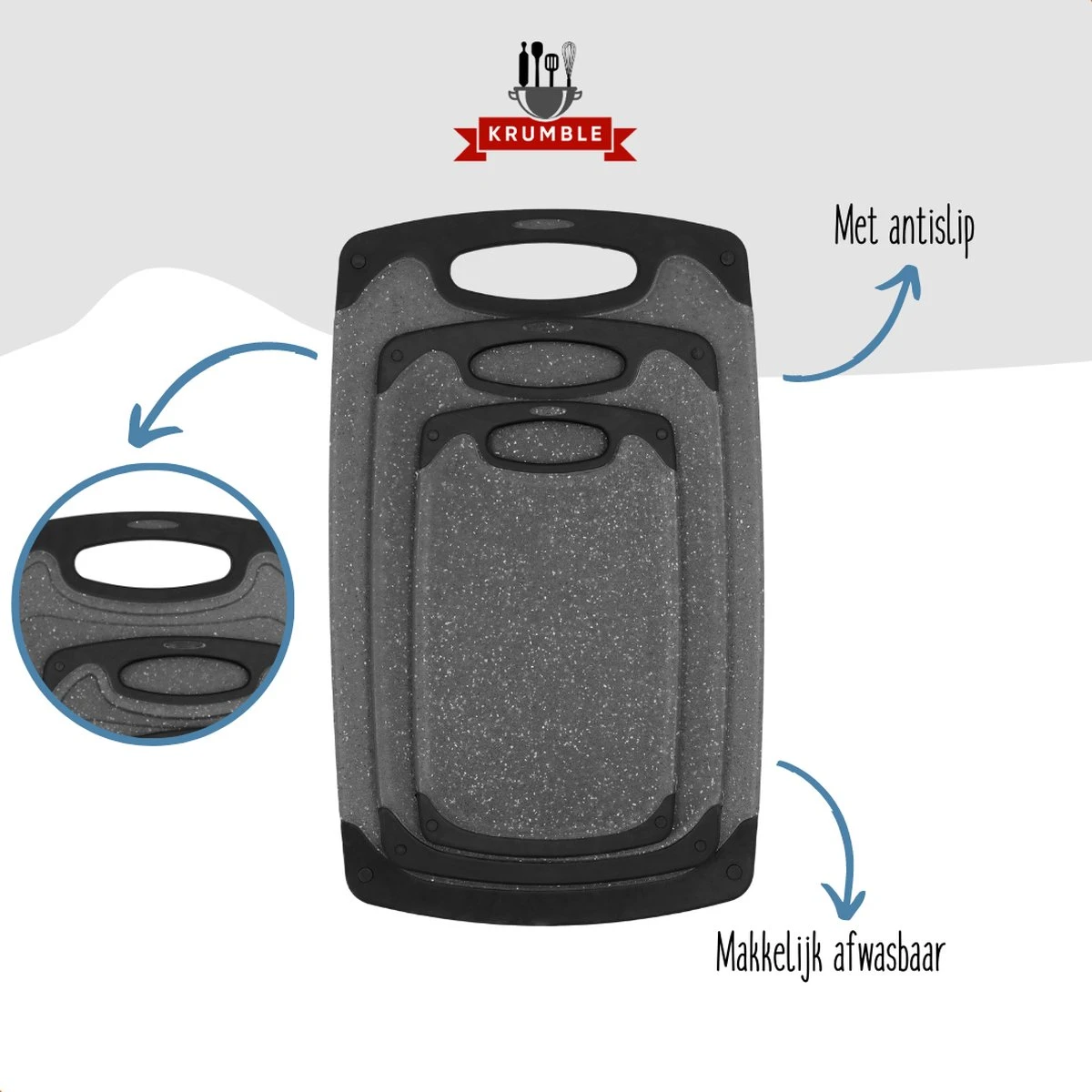 Krumble Snijplanken - Set Van 3 - Met Anti-slip Handvaten - 3-delig - Vaatwas Bestendig - Snijplankenset - 3 Formaten - Antraciet - Zwart - Kunststof 4 Krumble Snijplanken - Set Van 3 - Met Anti-slip Handvaten - 3-delig - Vaatwas Bestendig - Snijplankenset - 3 Formaten - Antraciet - Zwart - Kunststof - Afbeelding 4