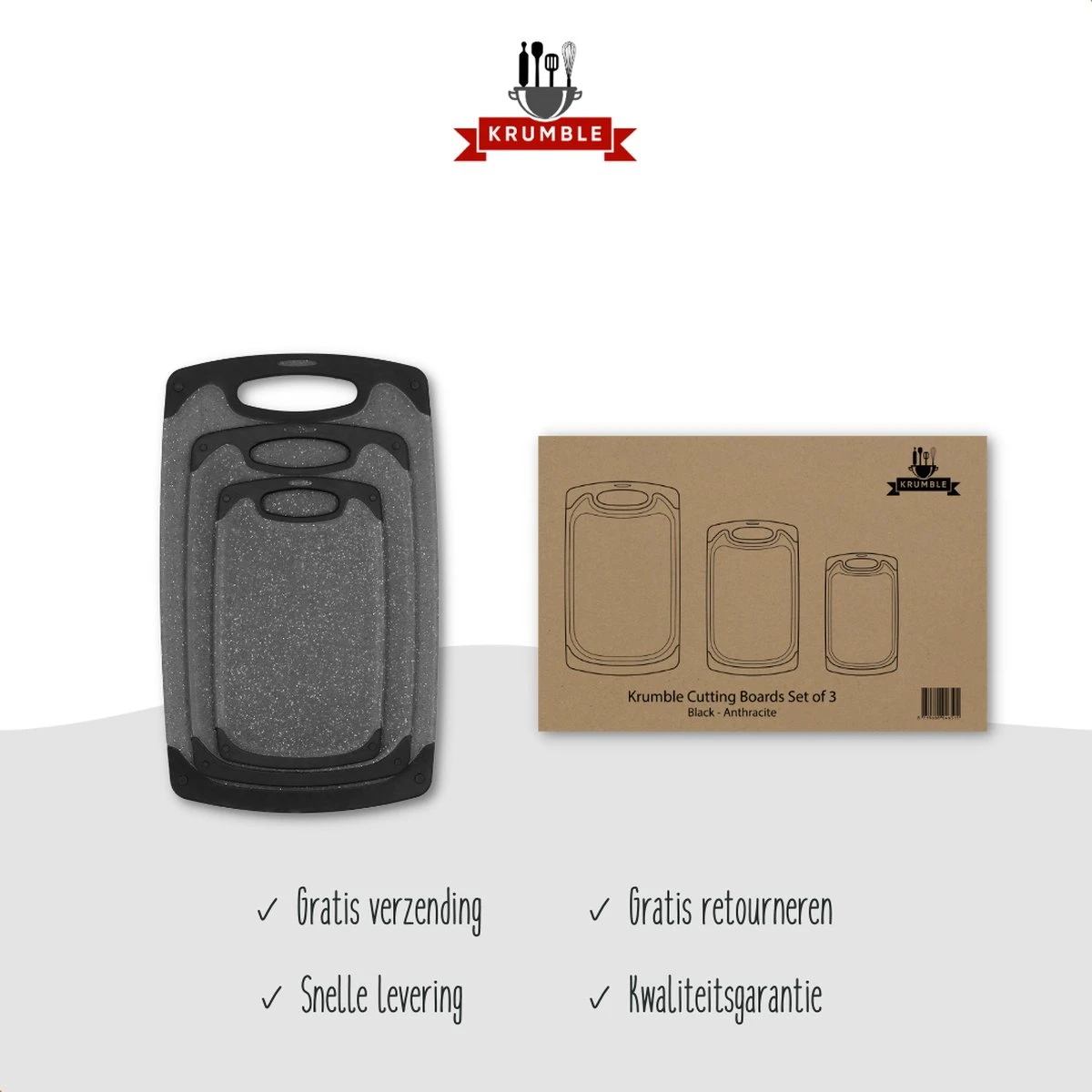 Krumble Snijplanken - Set Van 3 - Met Anti-slip Handvaten - 3-delig - Vaatwas Bestendig - Snijplankenset - 3 Formaten - Antraciet - Zwart - Kunststof 6 Krumble Snijplanken - Set Van 3 - Met Anti-slip Handvaten - 3-delig - Vaatwas Bestendig - Snijplankenset - 3 Formaten - Antraciet - Zwart - Kunststof - Afbeelding 6