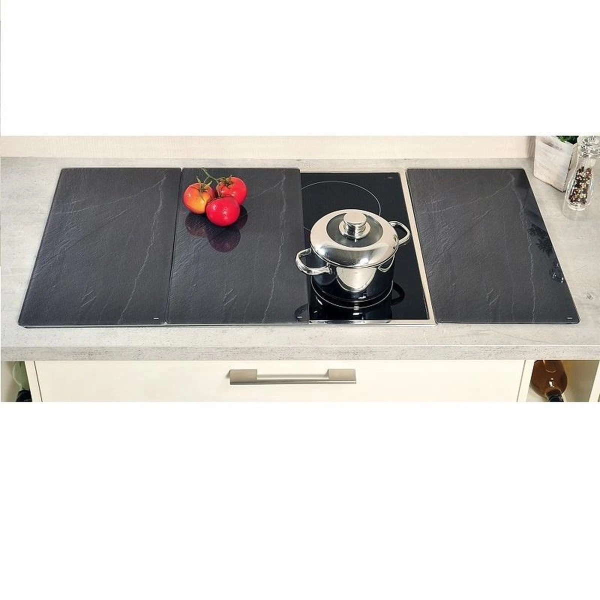 SET Van 3 STUKS Multi Glazen Snijplanken, Gesatineerd Glas | Multiglas Snijplanken Set | Snijplank Keukenblad | Snijplank Van Veiligheidsglas | 2 Kookplaat Afdekplaten | Afmetingen: 52 X 26,4 X 0,8 Cm. | Kleur: LEISTEEN (3 Stuks) 2 SET Van 3 STUKS Multi Glazen Snijplanken, Gesatineerd Glas | Multiglas Snijplanken Set | Snijplank Keukenblad | Snijplank Van Veiligheidsglas | 2 Kookplaat Afdekplaten | Afmetingen: 52 X 26,4 X 0,8 Cm. | Kleur: LEISTEEN (3 Stuks) - Afbeelding 2