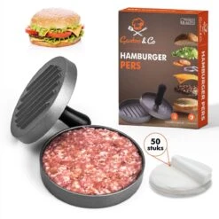 Gastro & Co Hamburgerpers - Inclusief 50 Waxpapiertje - Roestvrij Stalen Hamburger Pers Met Non-stick Zinken Coating Antiaanbaklaag - 11,7 Cm Diameter